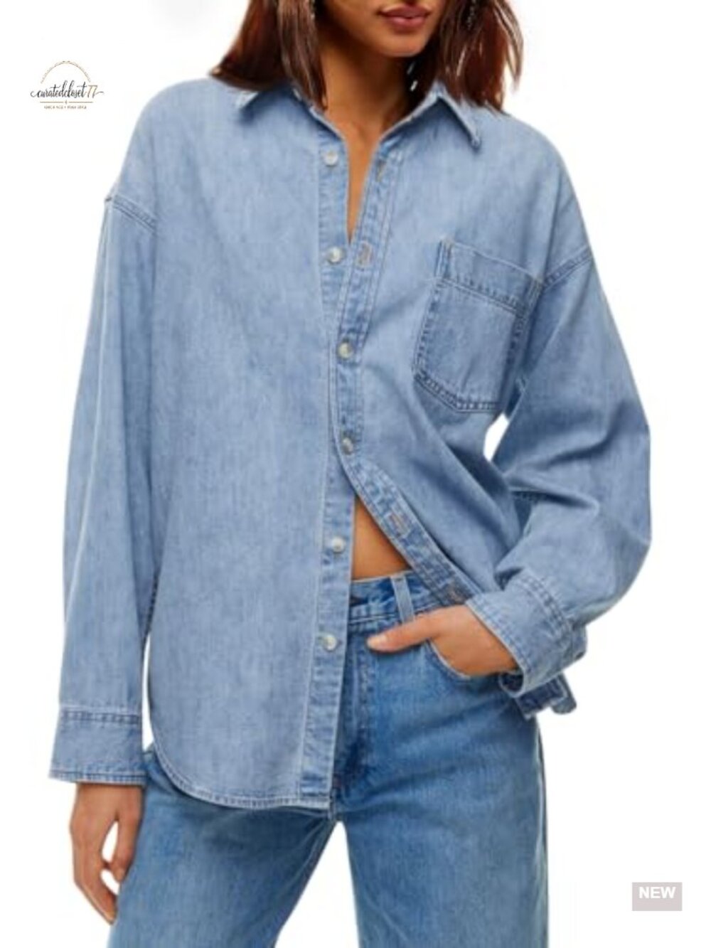 Oversized Denim Shirt Jacket Long Sleeve Cotton Boyfriend Style Button Down